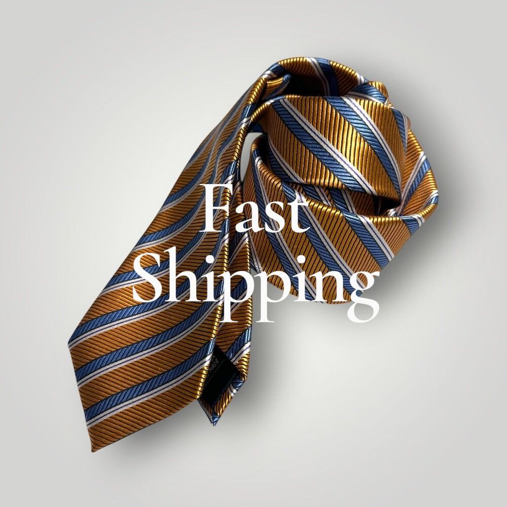 TOM JAMES Tie Silk Tie Striped Tie 100% Silk Necktie Blue/Yellow/White